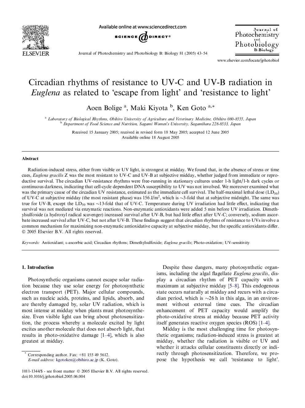 Circadian rhythms of resistance to UV-C and UV-B radiation in Euglena as related to 'escape from light' and 'resistance to light'