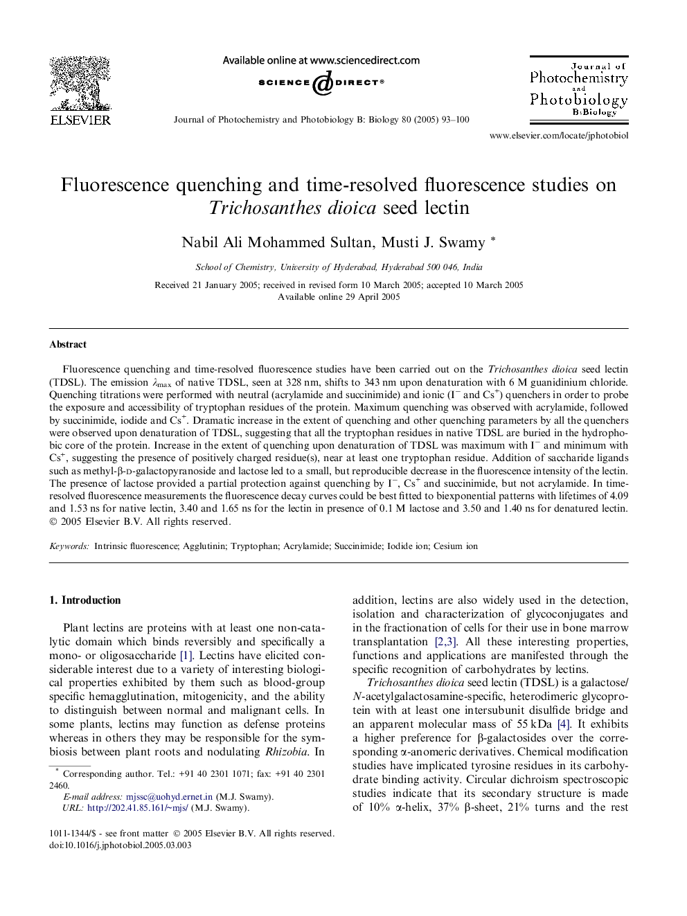 Fluorescence quenching and time-resolved fluorescence studies on Trichosanthes dioica seed lectin