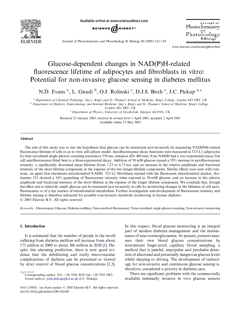 Glucose-dependent changes in NAD(P)H-related fluorescence lifetime of adipocytes and fibroblasts in vitro: Potential for non-invasive glucose sensing in diabetes mellitus