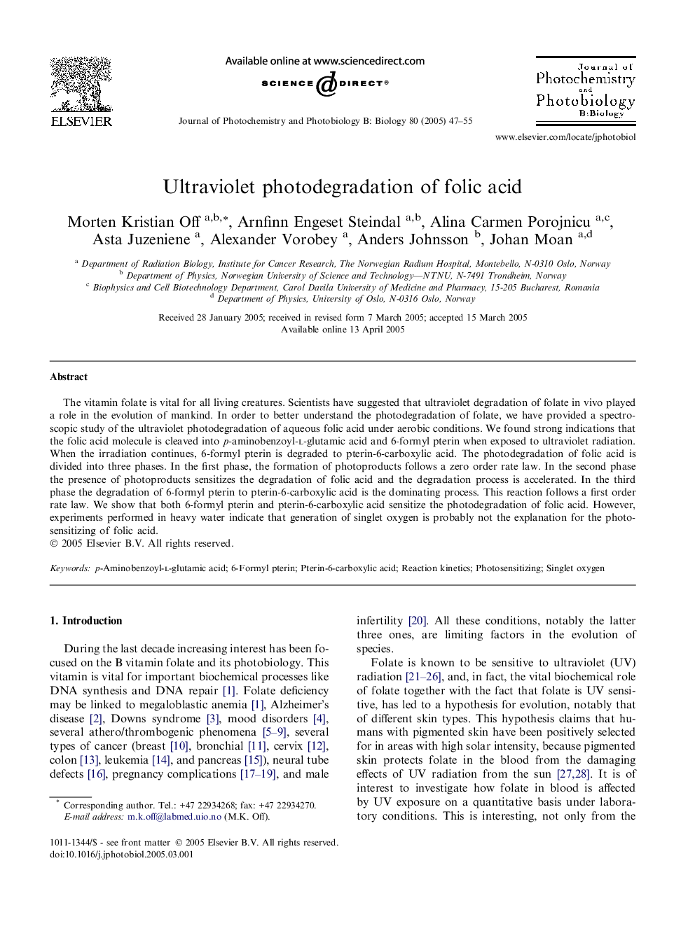 Ultraviolet photodegradation of folic acid