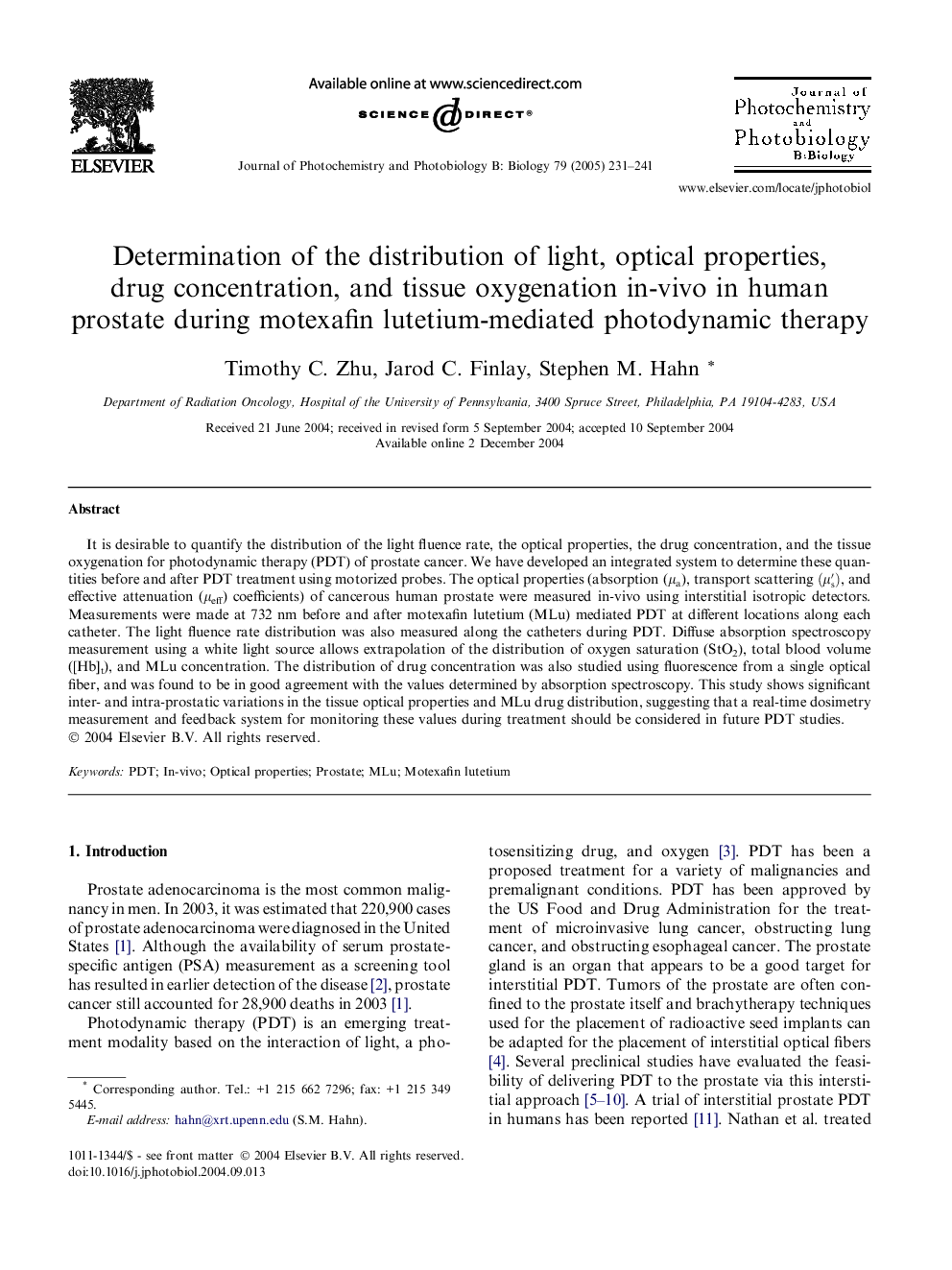 Determination of the distribution of light, optical properties, drug concentration, and tissue oxygenation in-vivo in human prostate during motexafin lutetium-mediated photodynamic therapy