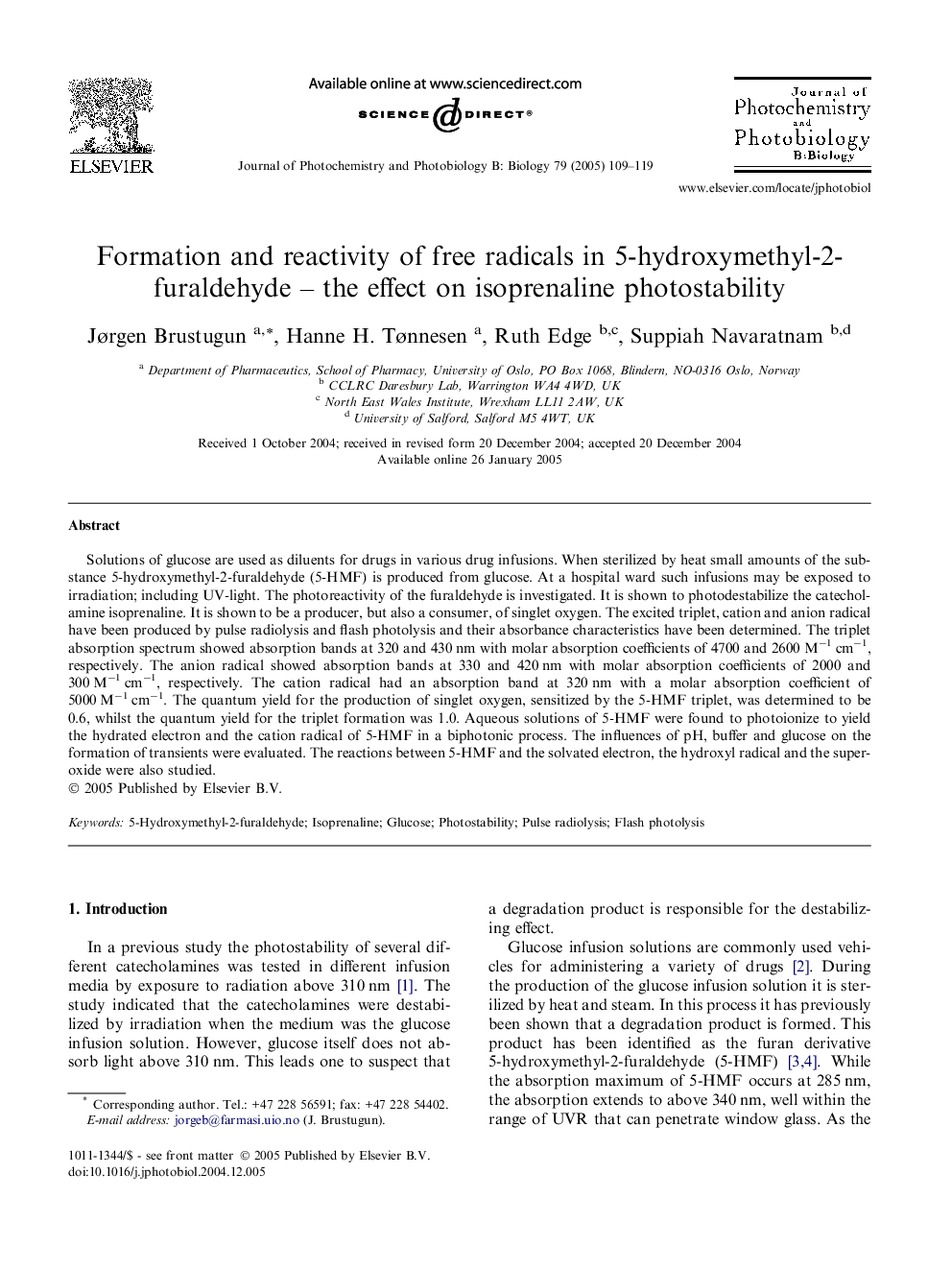 Formation and reactivity of free radicals in 5-hydroxymethyl-2-furaldehyde - the effect on isoprenaline photostability