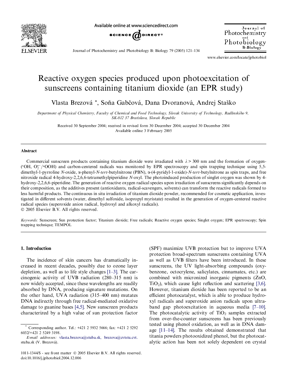 Reactive oxygen species produced upon photoexcitation of sunscreens containing titanium dioxide (an EPR study)