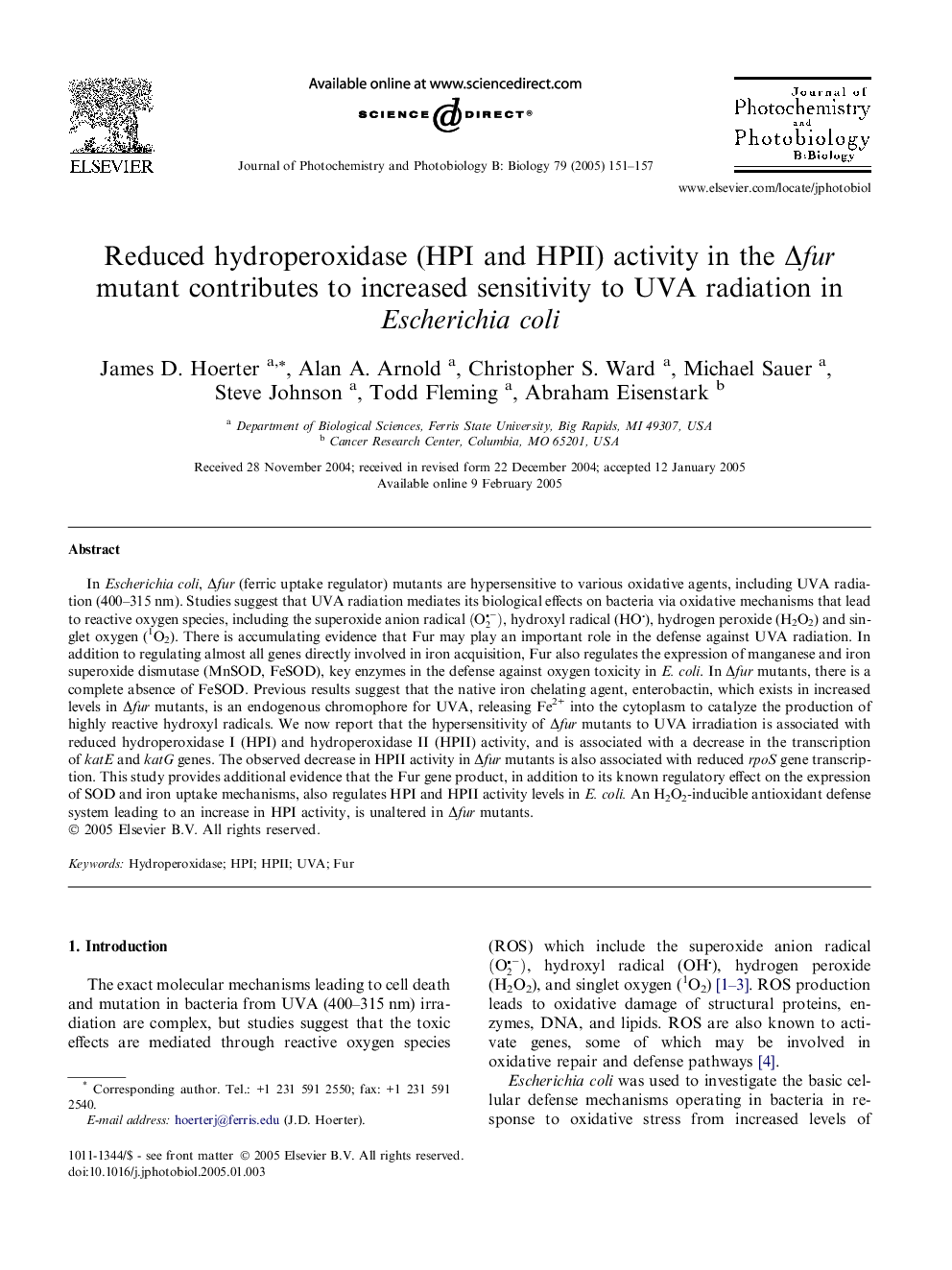 Reduced hydroperoxidase (HPI and HPII) activity in the Îfur mutant contributes to increased sensitivity to UVA radiation in Escherichia coli