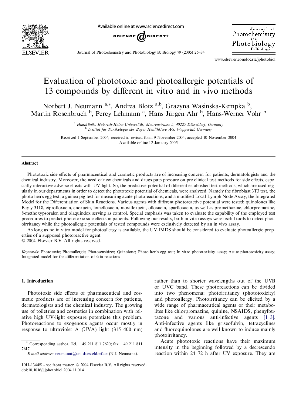 Evaluation of phototoxic and photoallergic potentials of 13 compounds by different in vitro and in vivo methods