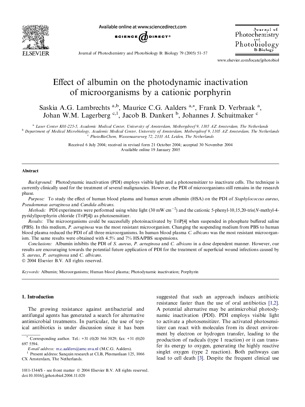 Effect of albumin on the photodynamic inactivation of microorganisms by a cationic porphyrin