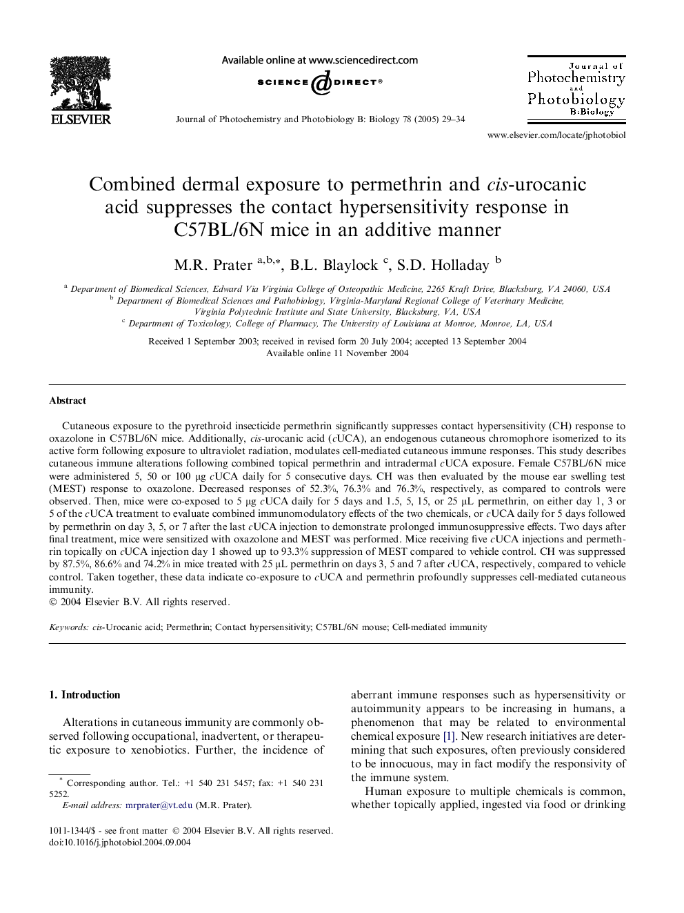 Combined dermal exposure to permethrin and cis-urocanic acid suppresses the contact hypersensitivity response in C57BL/6N mice in an additive manner