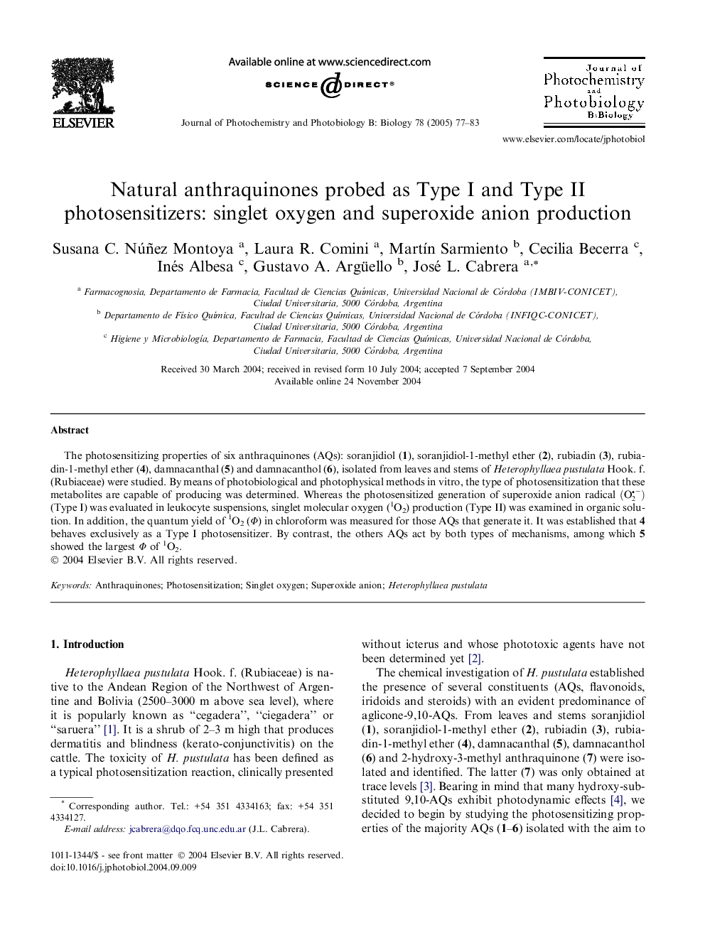 Natural anthraquinones probed as Type I and Type II photosensitizers: singlet oxygen and superoxide anion production