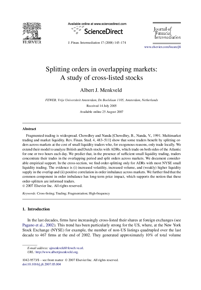 Splitting orders in overlapping markets: A study of cross-listed stocks