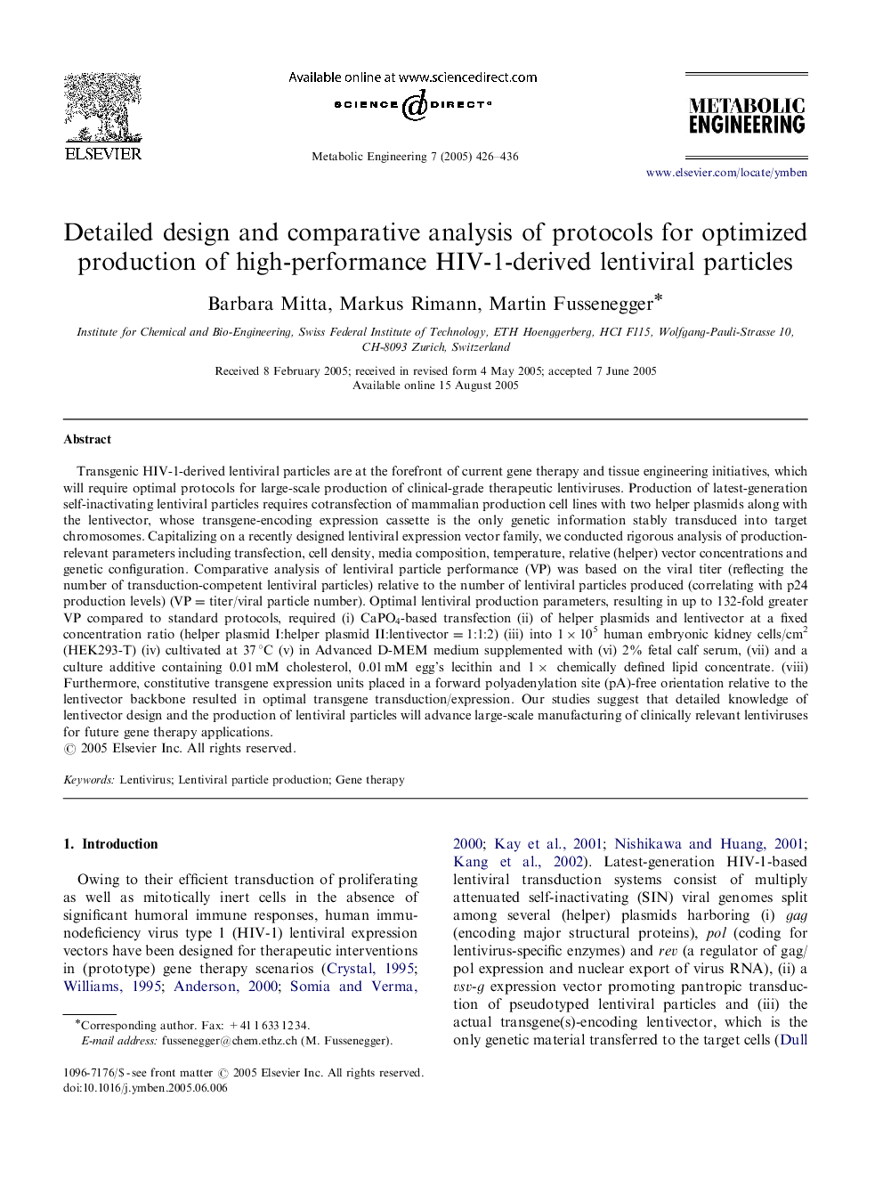 Detailed design and comparative analysis of protocols for optimized production of high-performance HIV-1-derived lentiviral particles