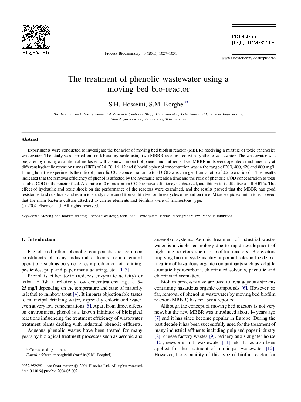 The treatment of phenolic wastewater using a moving bed bio-reactor