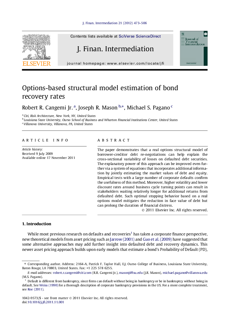 Options-based structural model estimation of bond recovery rates