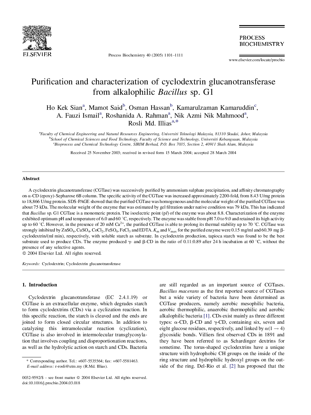 Purification and characterization of cyclodextrin glucanotransferase from alkalophilic Bacillus sp. G1