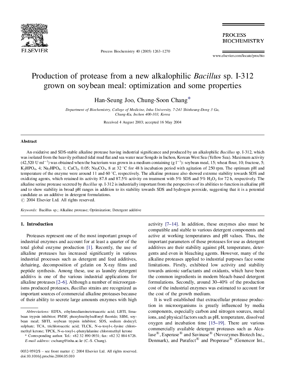 Production of protease from a new alkalophilic Bacillus sp. I-312 grown on soybean meal: optimization and some properties