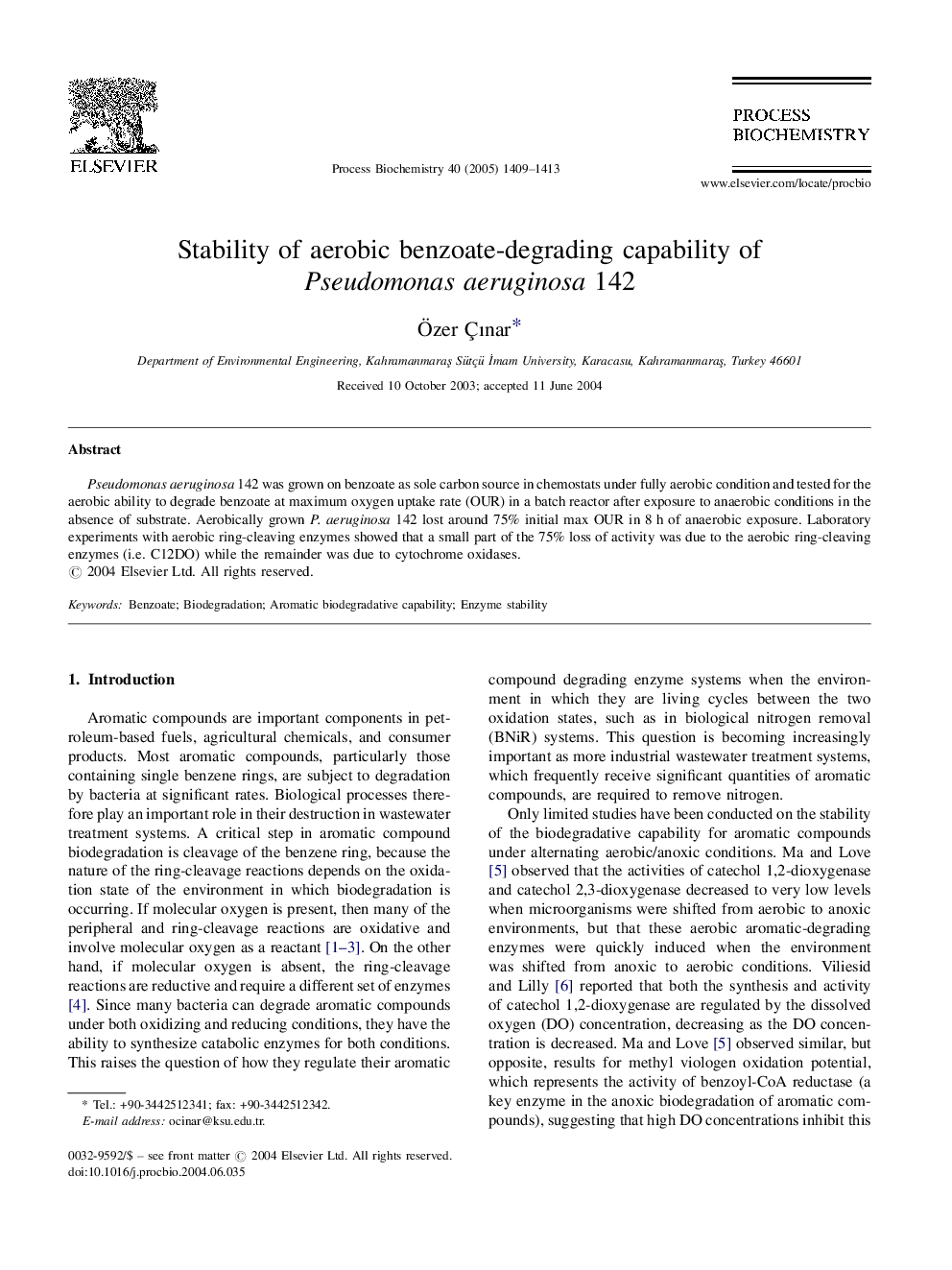 Stability of aerobic benzoate-degrading capability of Pseudomonas aeruginosa 142