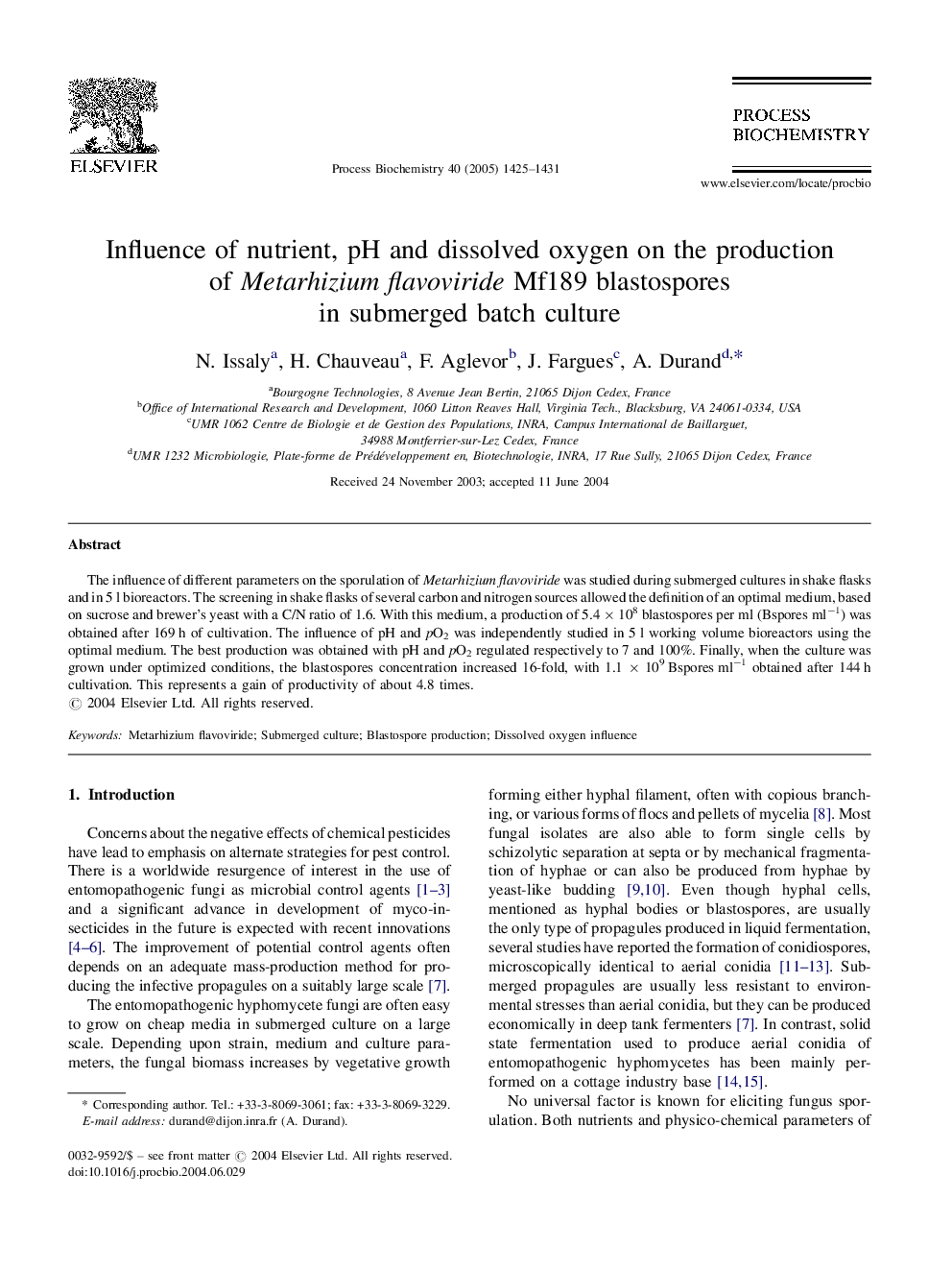 Influence of nutrient, pH and dissolved oxygen on the production of Metarhizium flavoviride Mf189 blastospores in submerged batch culture