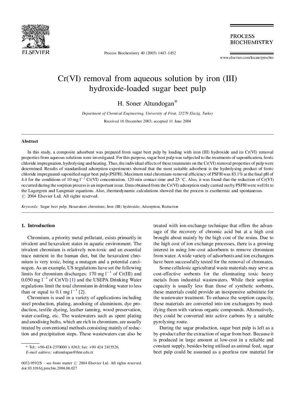 Cr(VI) removal from aqueous solution by iron (III) hydroxide-loaded sugar beet pulp