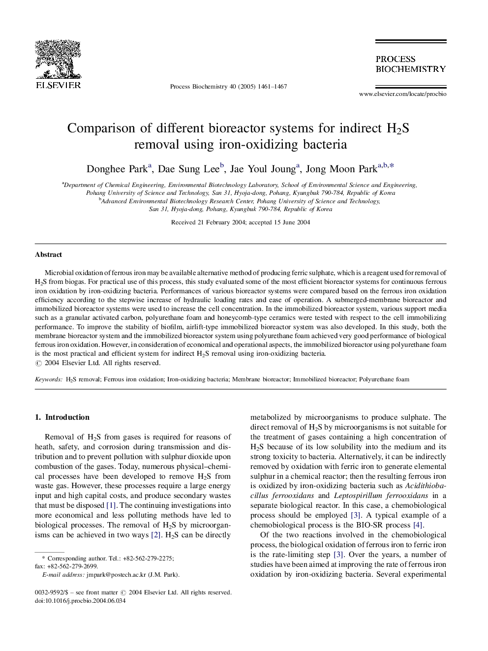 Comparison of different bioreactor systems for indirect H2S removal using iron-oxidizing bacteria