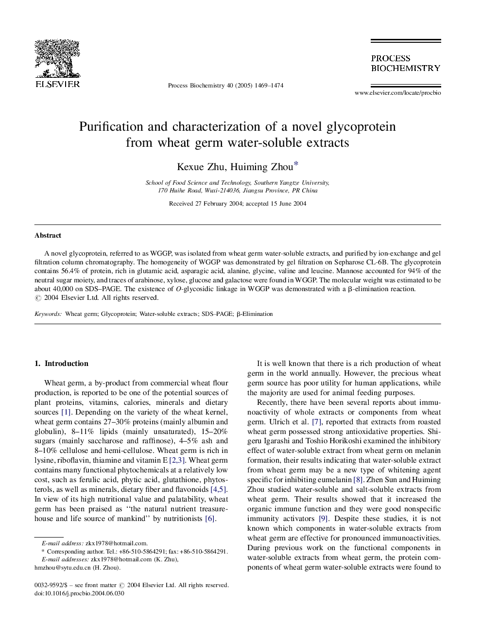 Purification and characterization of a novel glycoprotein from wheat germ water-soluble extracts