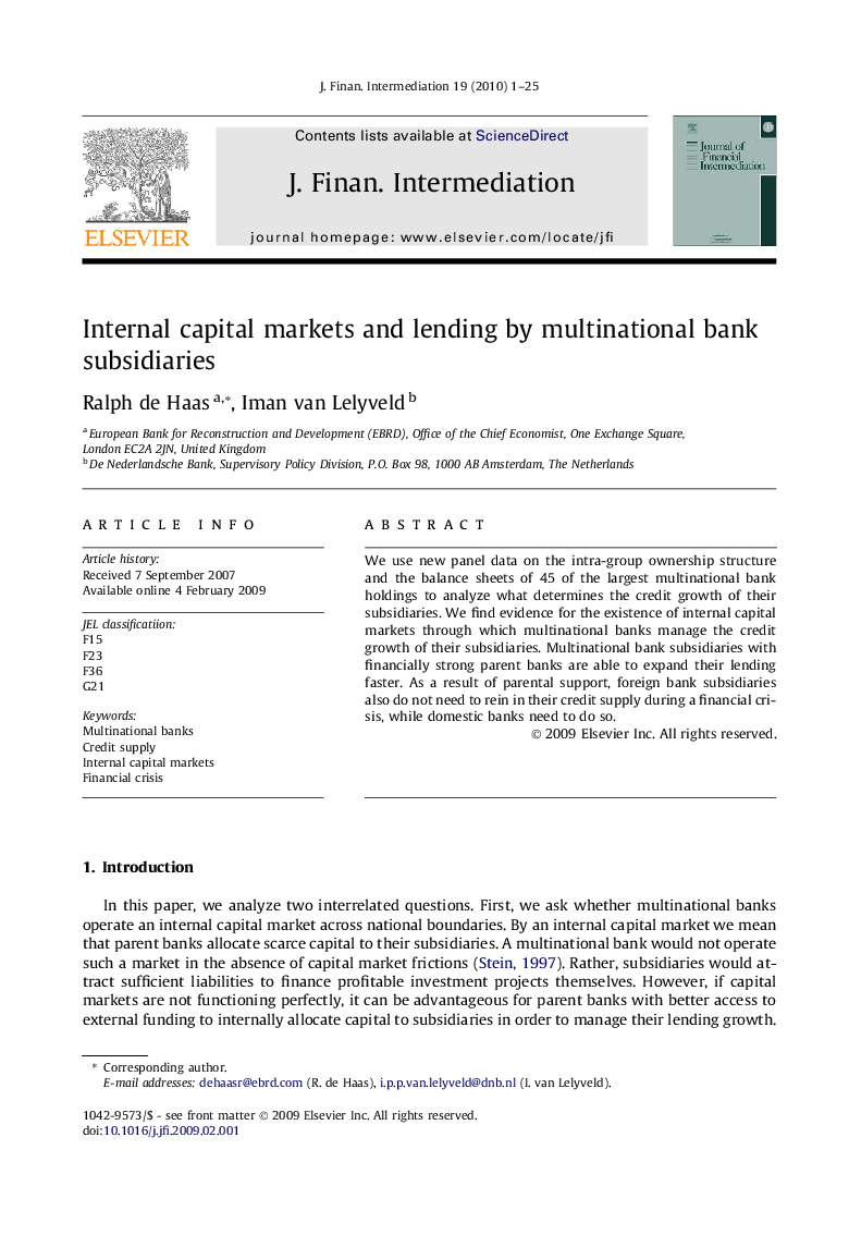 Internal capital markets and lending by multinational bank subsidiaries