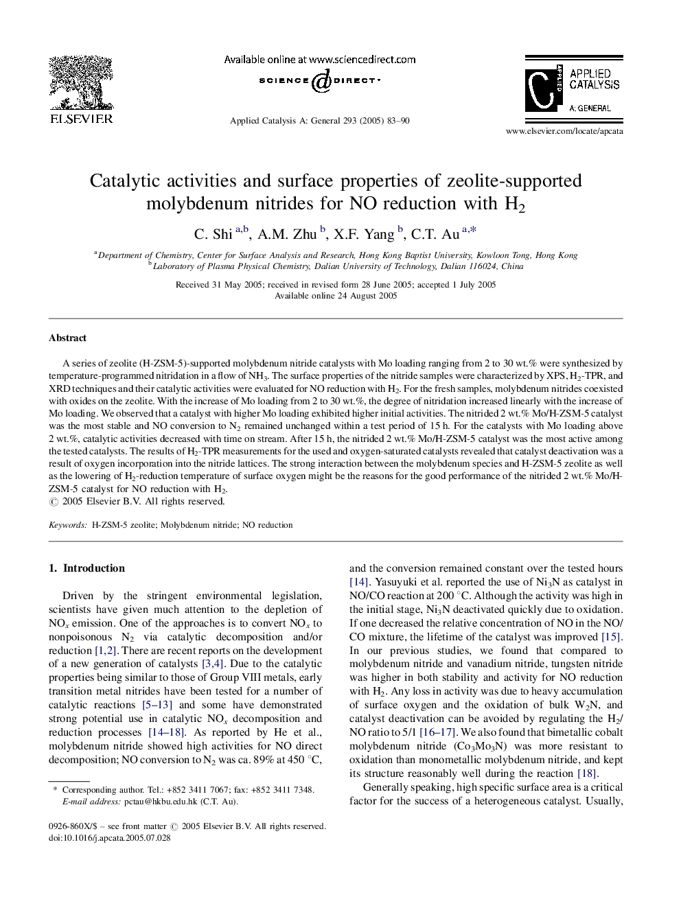 Catalytic activities and surface properties of zeolite-supported molybdenum nitrides for NO reduction with H2