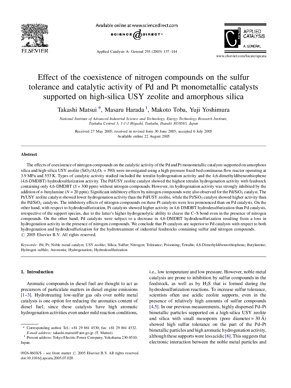 Effect of the coexistence of nitrogen compounds on the sulfur tolerance and catalytic activity of Pd and Pt monometallic catalysts supported on high-silica USY zeolite and amorphous silica