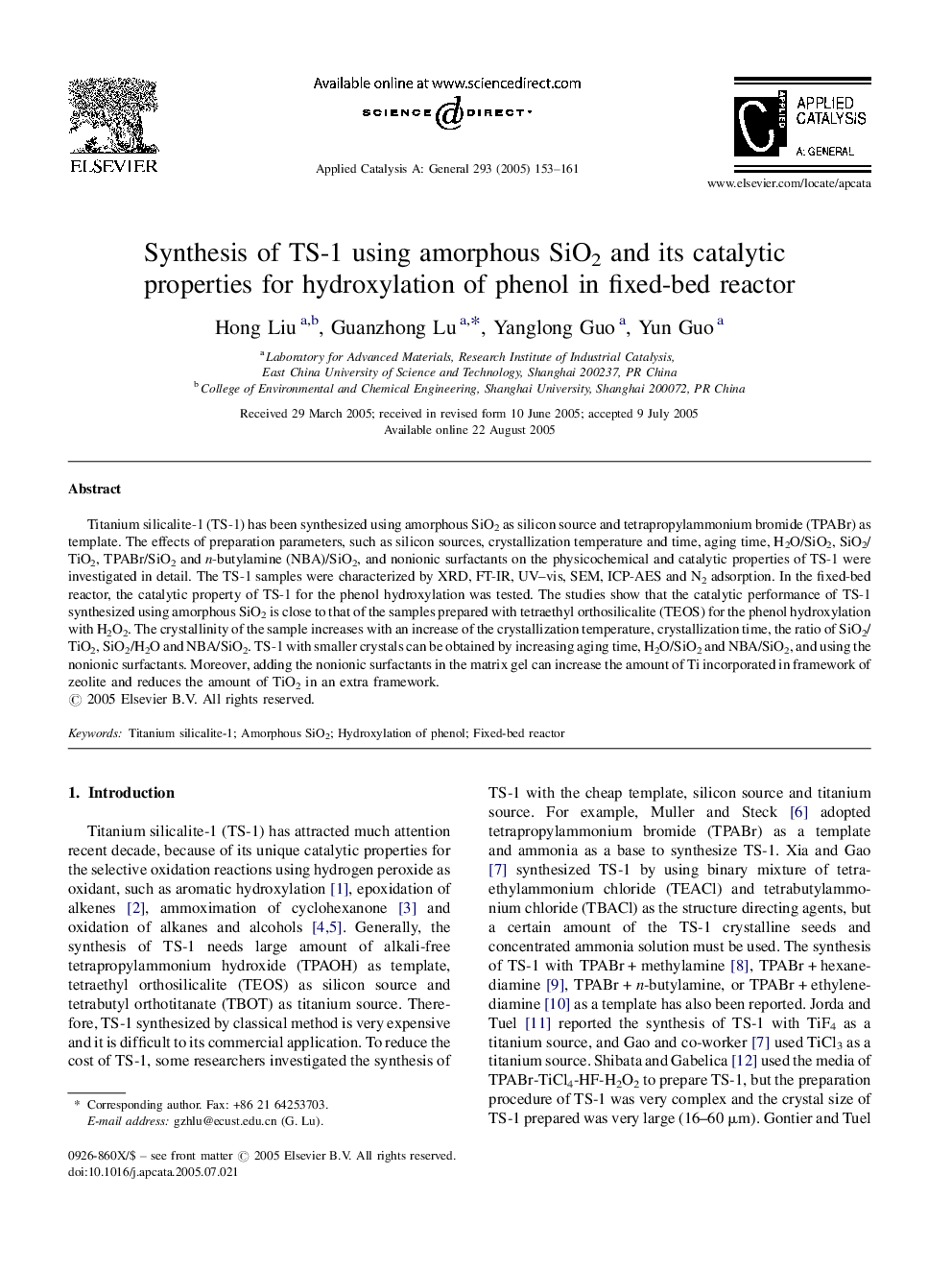 Synthesis of TS-1 using amorphous SiO2 and its catalytic properties for hydroxylation of phenol in fixed-bed reactor