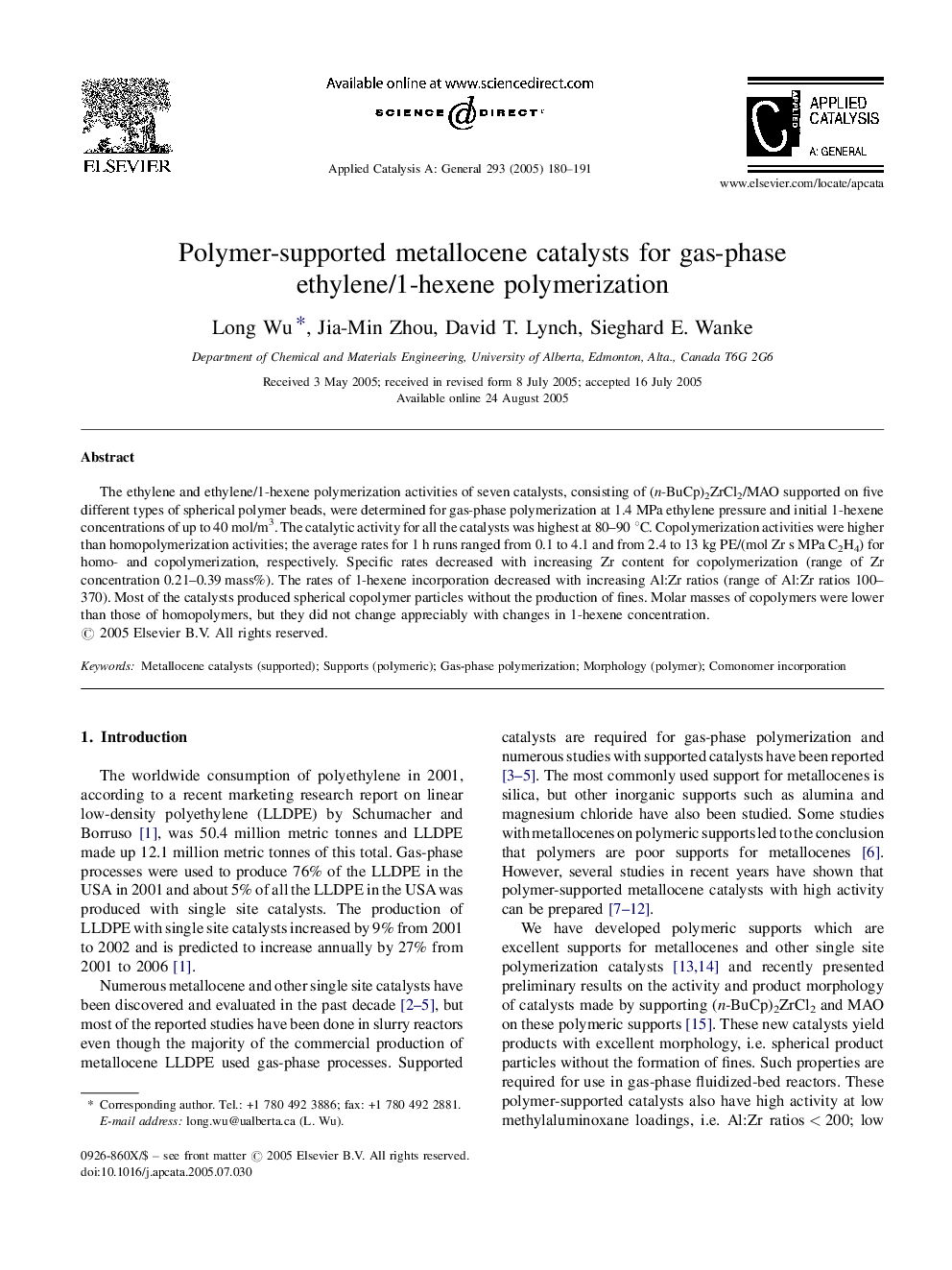 Polymer-supported metallocene catalysts for gas-phase ethylene/1-hexene polymerization