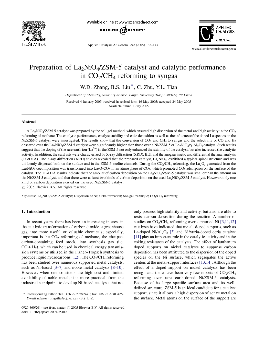 Preparation of La2NiO4/ZSM-5 catalyst and catalytic performance in CO2/CH4 reforming to syngas