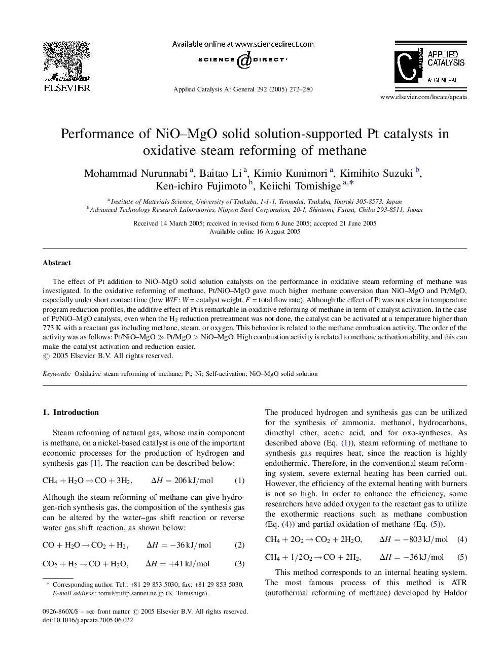 Performance of NiO-MgO solid solution-supported Pt catalysts in oxidative steam reforming of methane