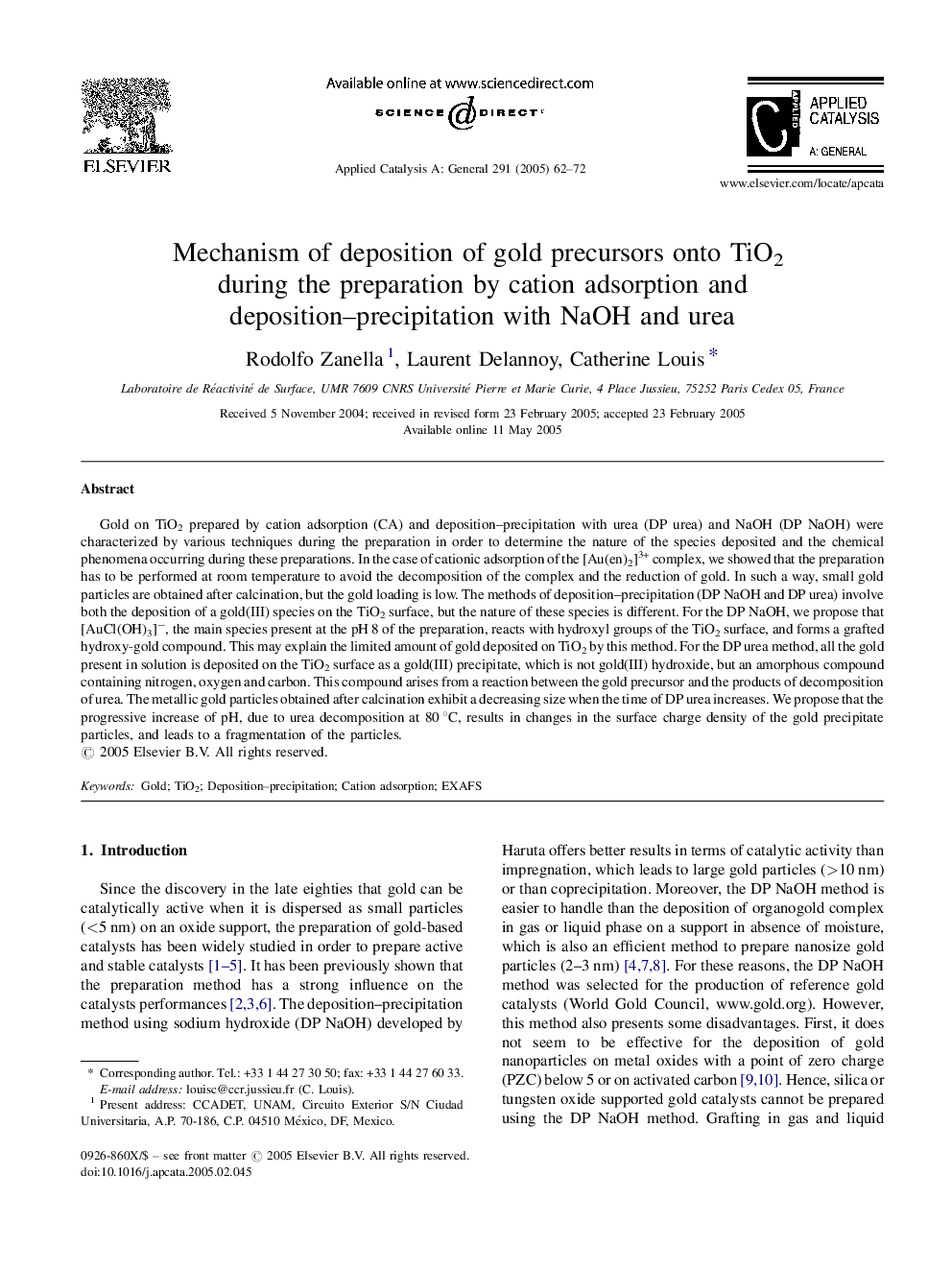 Mechanism of deposition of gold precursors onto TiO2 during the preparation by cation adsorption and deposition-precipitation with NaOH and urea