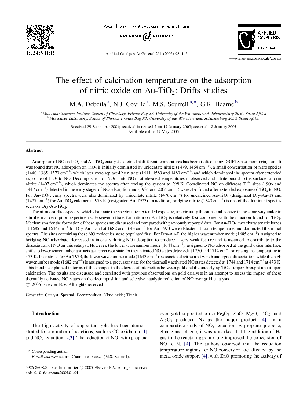 The effect of calcination temperature on the adsorption of nitric oxide on Au-TiO2: Drifts studies