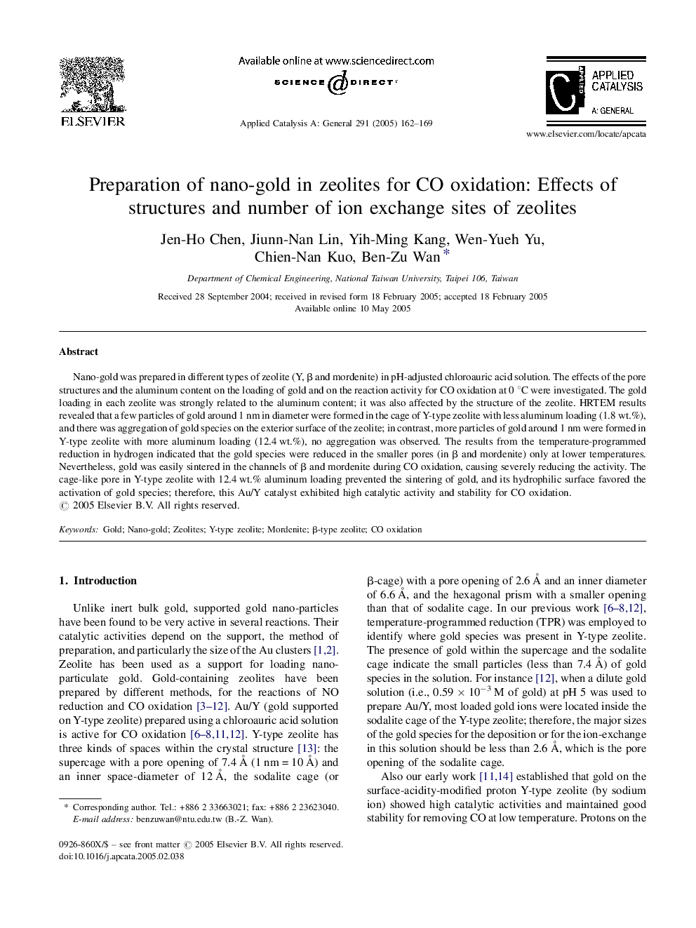 Preparation of nano-gold in zeolites for CO oxidation: Effects of structures and number of ion exchange sites of zeolites