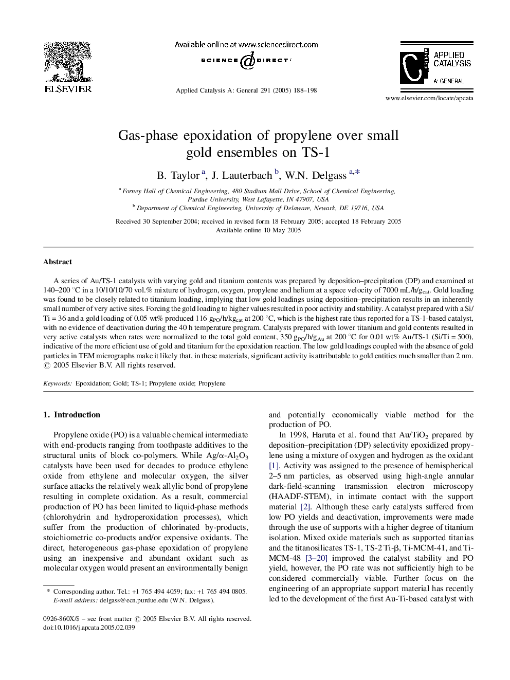 Gas-phase epoxidation of propylene over small gold ensembles on TS-1