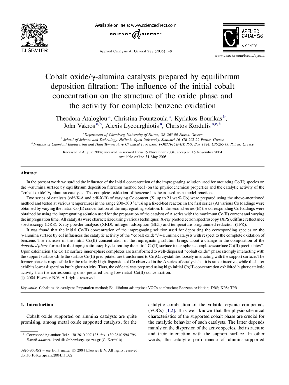 Cobalt oxide/Î³-alumina catalysts prepared by equilibrium deposition filtration: The influence of the initial cobalt concentration on the structure of the oxide phase and the activity for complete benzene oxidation