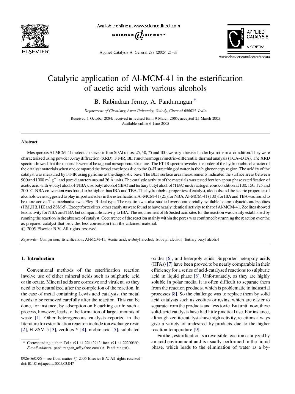 Catalytic application of Al-MCM-41 in the esterification of acetic acid with various alcohols