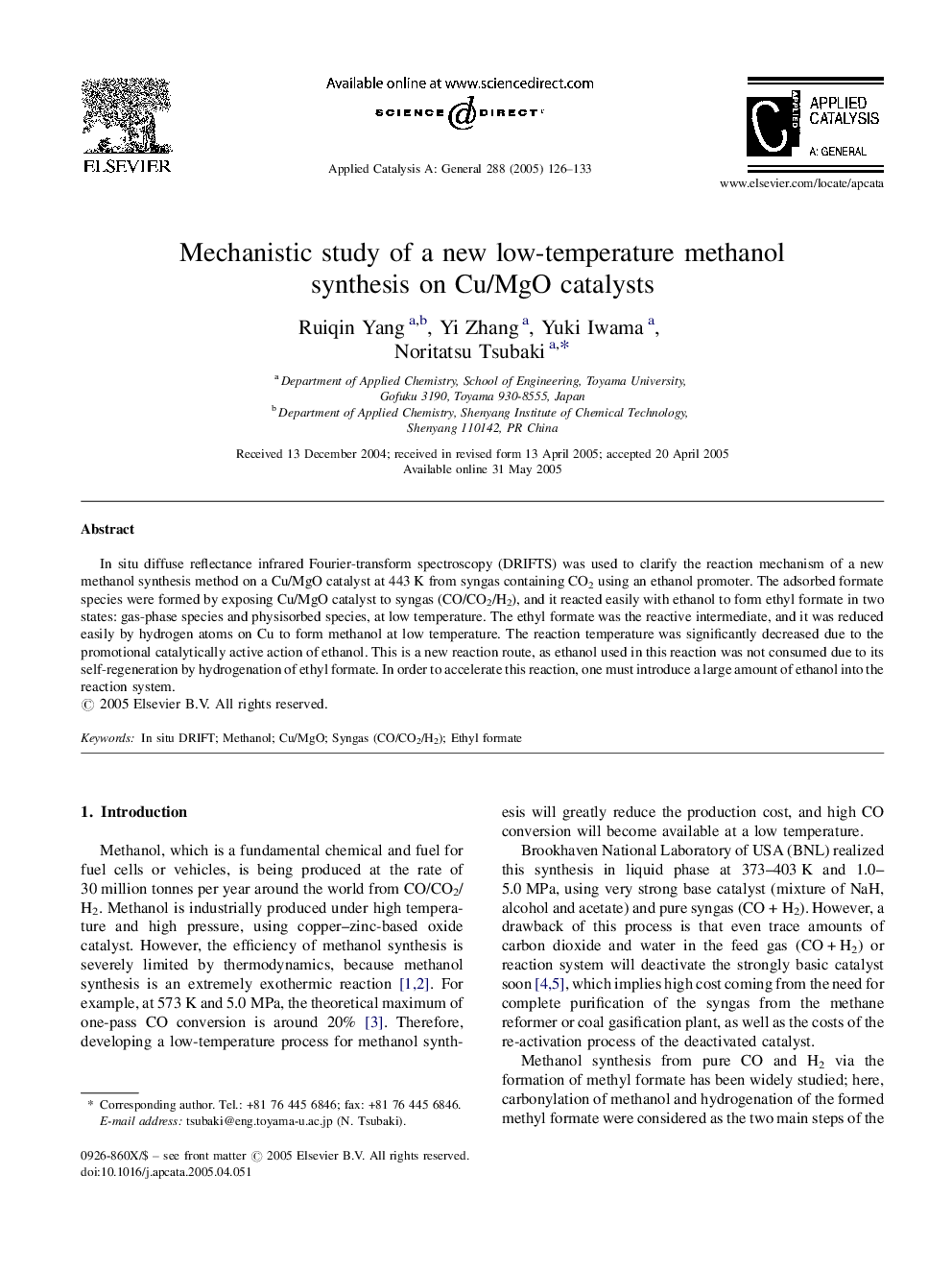 Mechanistic study of a new low-temperature methanol synthesis on Cu/MgO catalysts