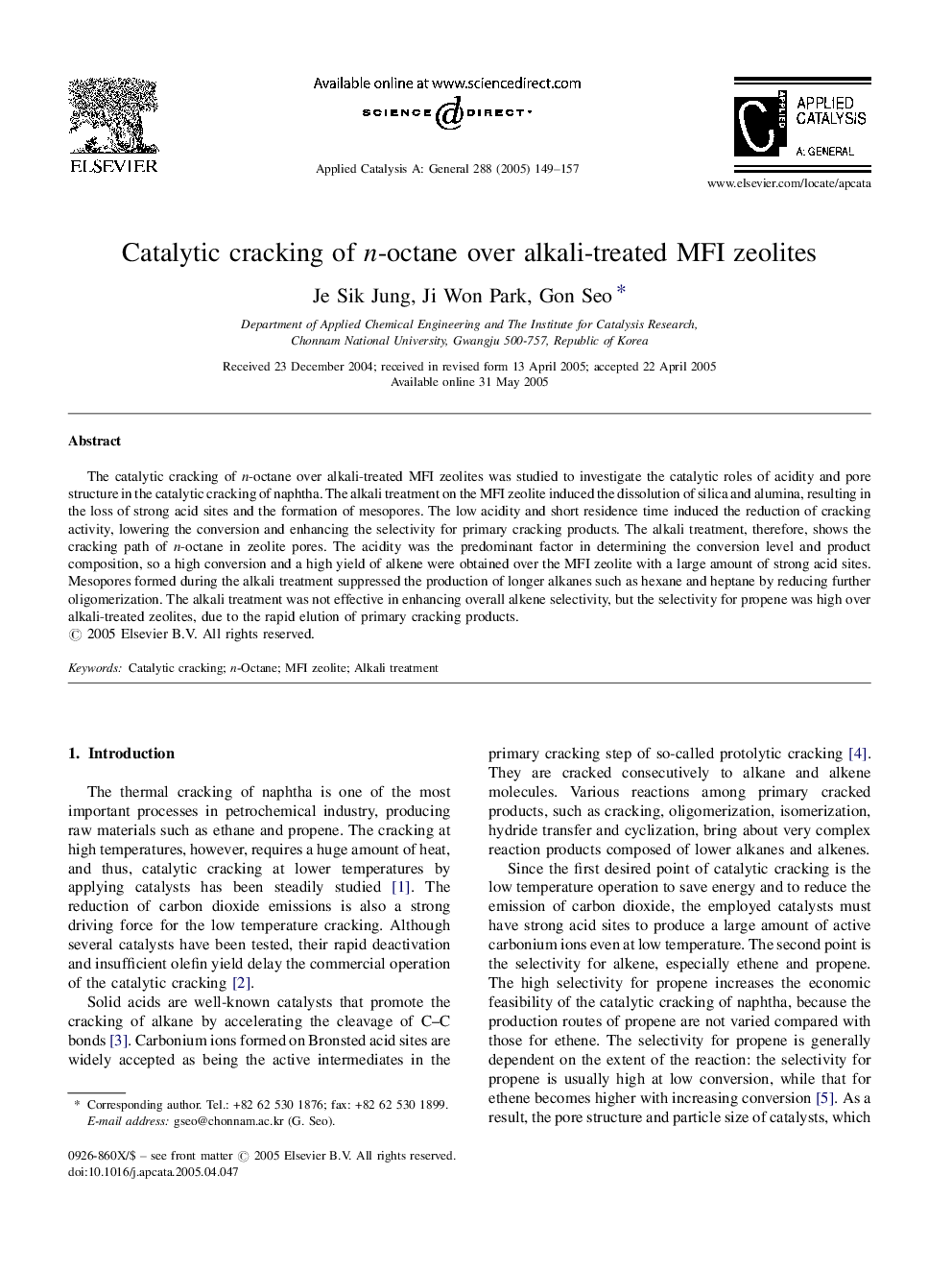 Catalytic cracking of n-octane over alkali-treated MFI zeolites