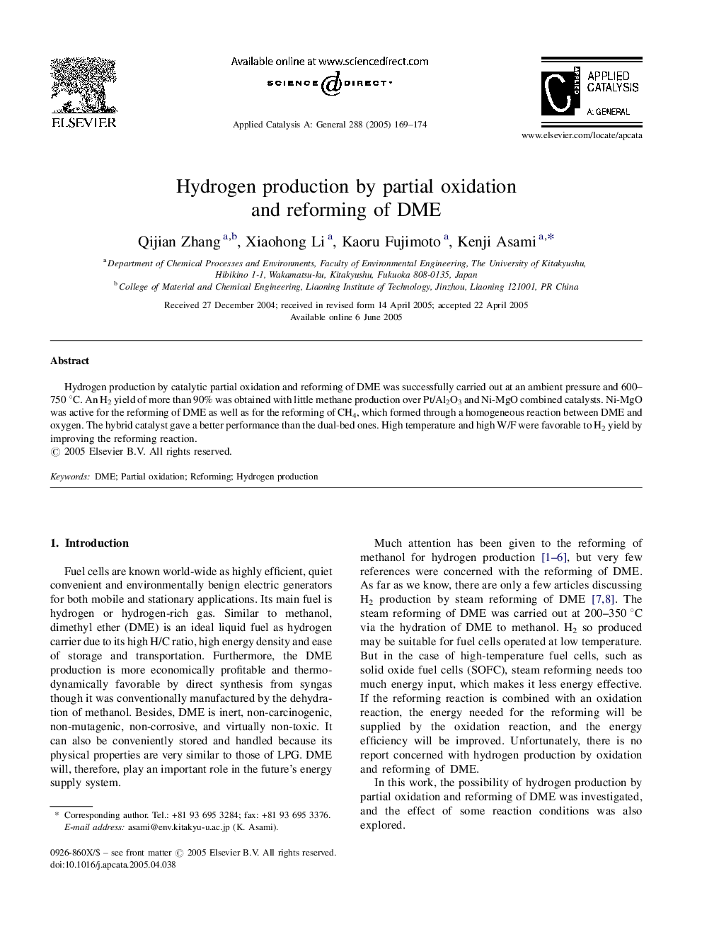 Hydrogen production by partial oxidation and reforming of DME