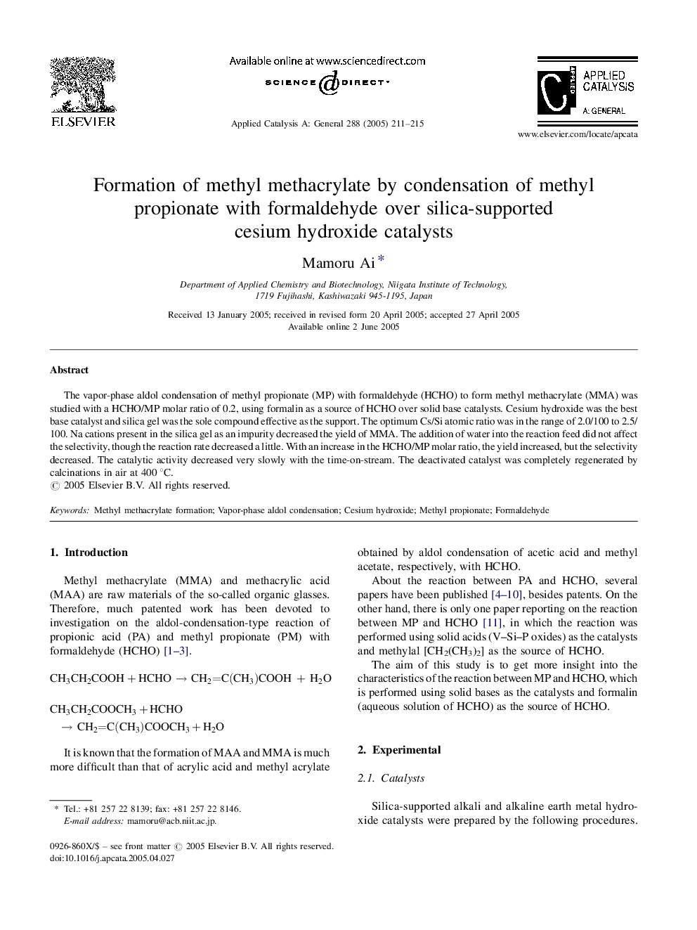 Formation of methyl methacrylate by condensation of methyl propionate with formaldehyde over silica-supported cesium hydroxide catalysts