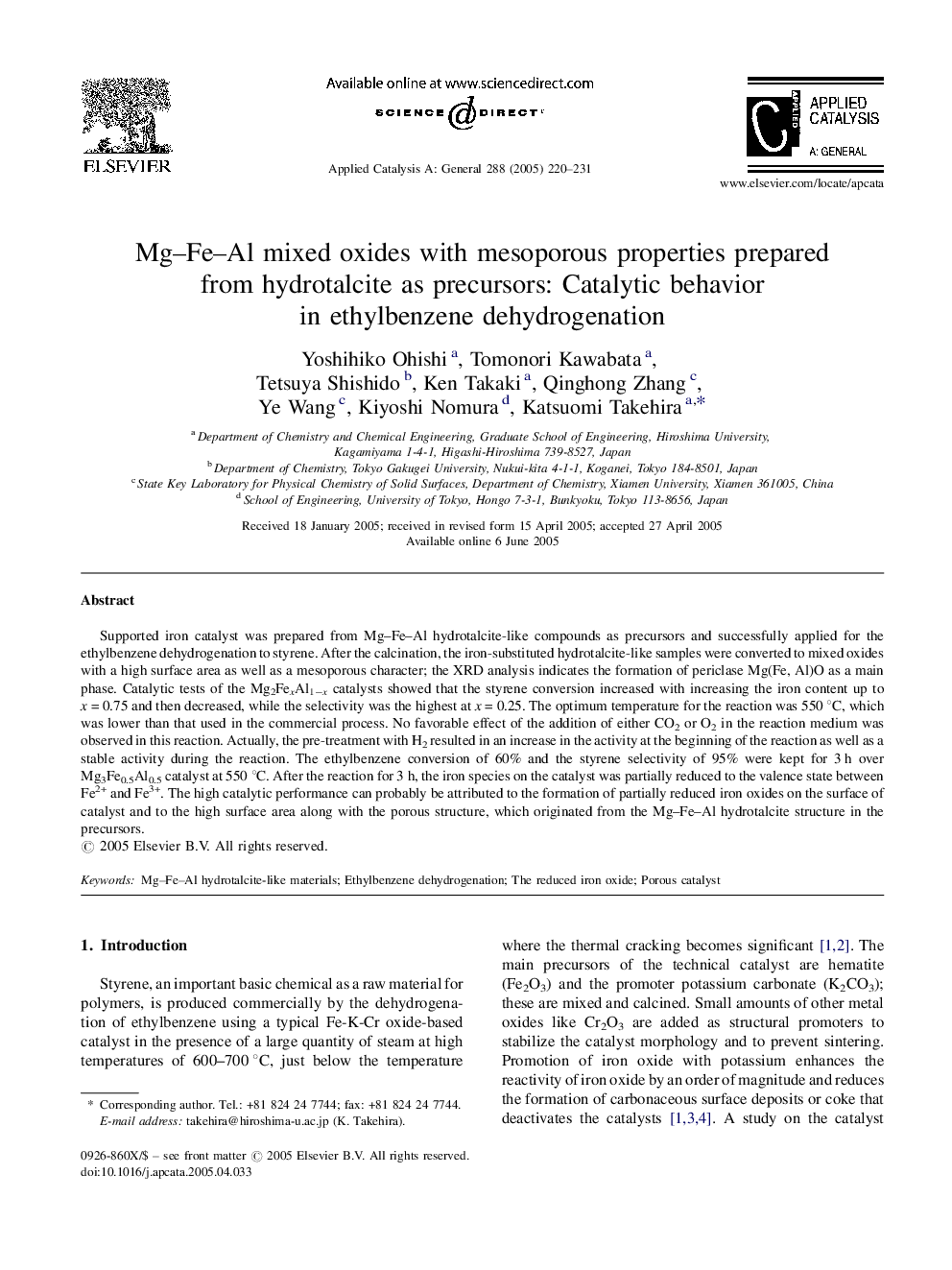 Mg-Fe-Al mixed oxides with mesoporous properties prepared from hydrotalcite as precursors: Catalytic behavior in ethylbenzene dehydrogenation