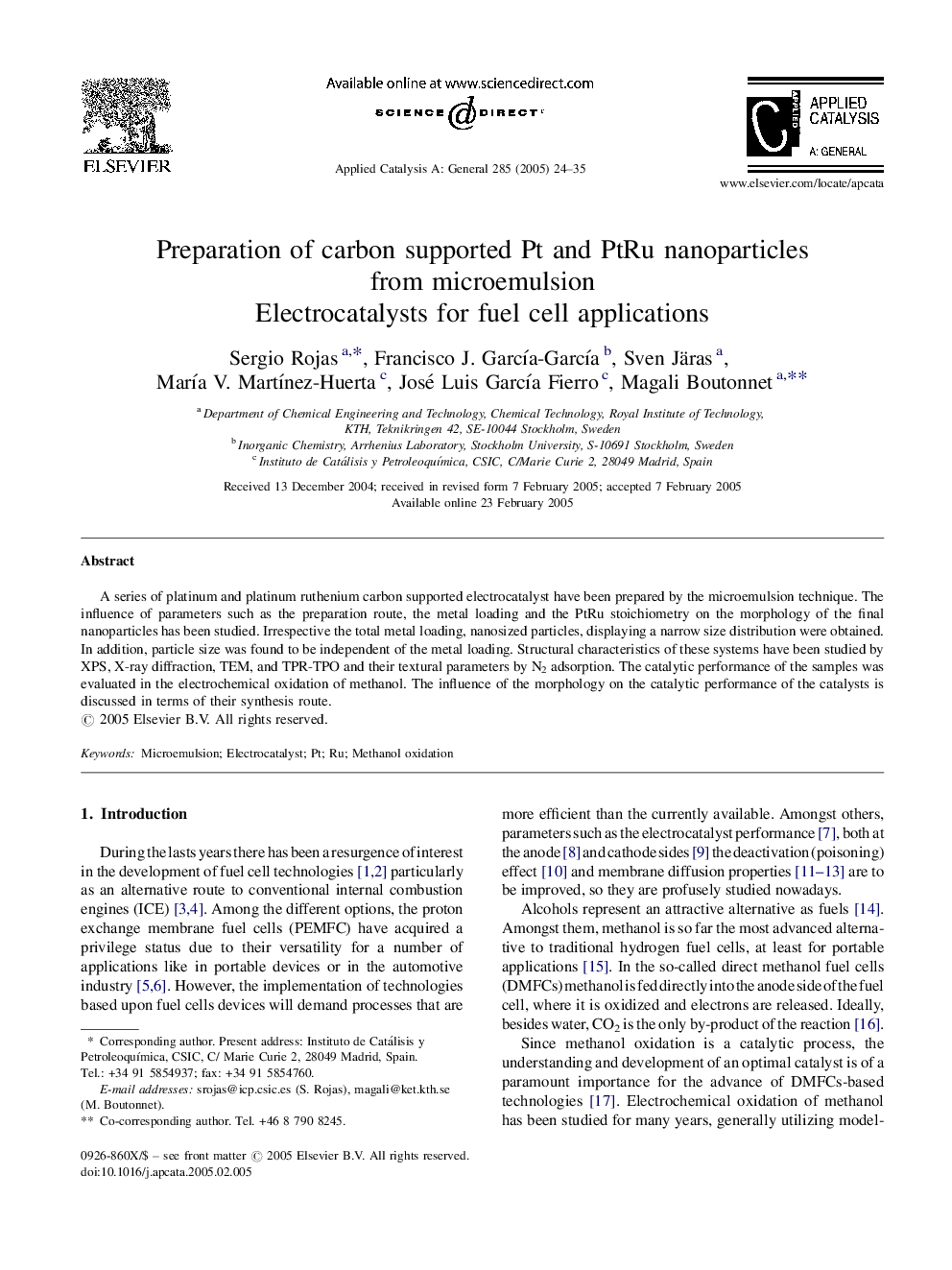 Preparation of carbon supported Pt and PtRu nanoparticles from microemulsion