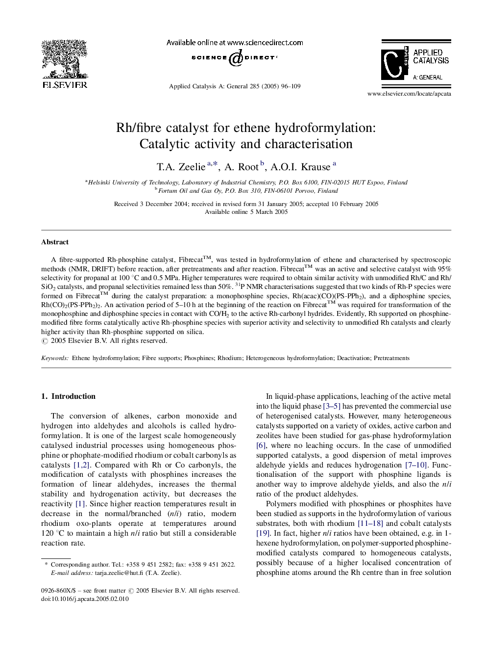 Rh/fibre catalyst for ethene hydroformylation: Catalytic activity and characterisation