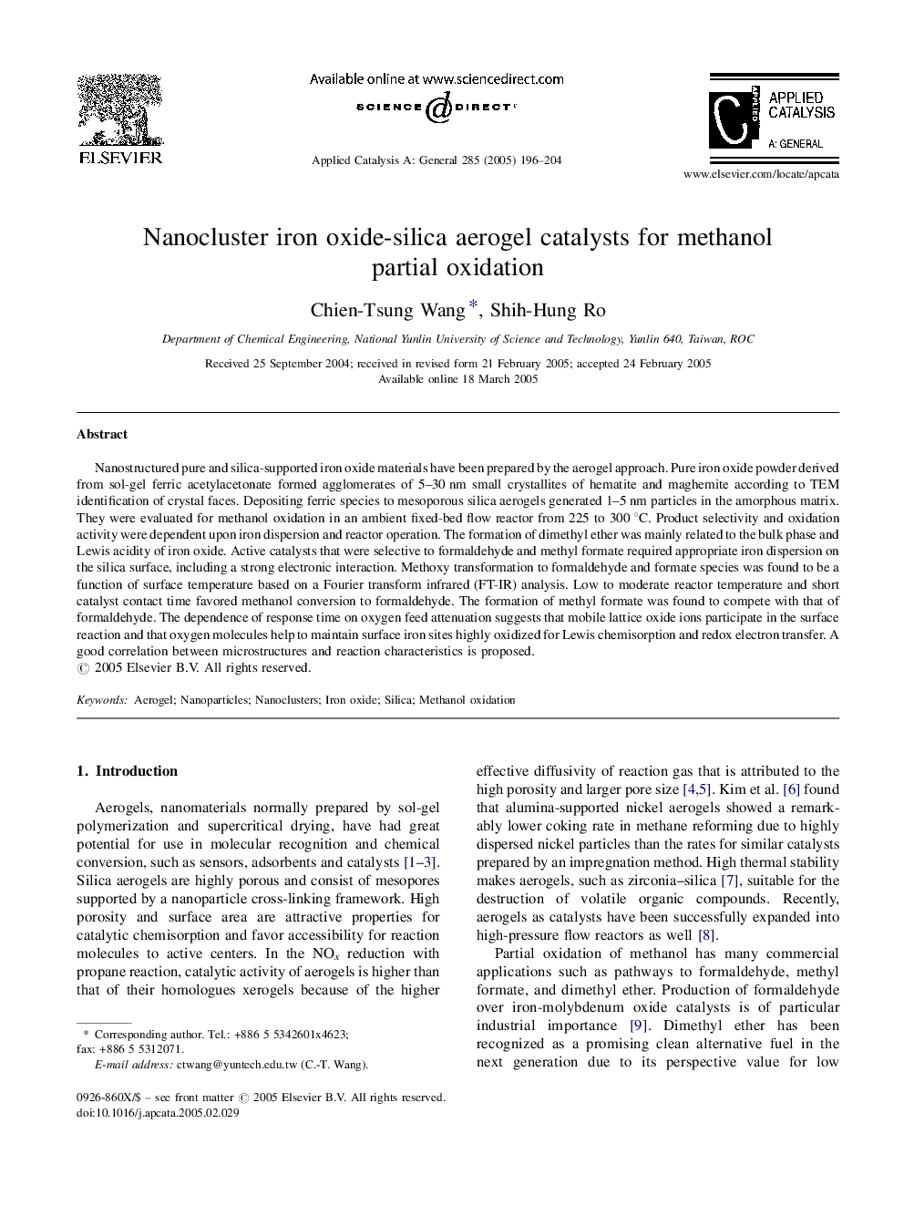 Nanocluster iron oxide-silica aerogel catalysts for methanol partial oxidation