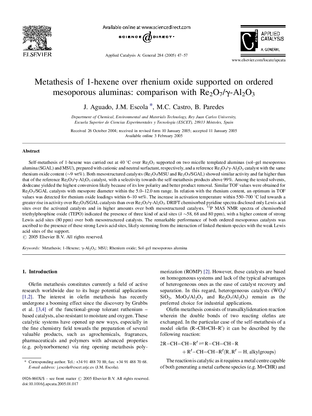 Metathesis of 1-hexene over rhenium oxide supported on ordered mesoporous aluminas: comparison with Re2O7/Î³-Al2O3