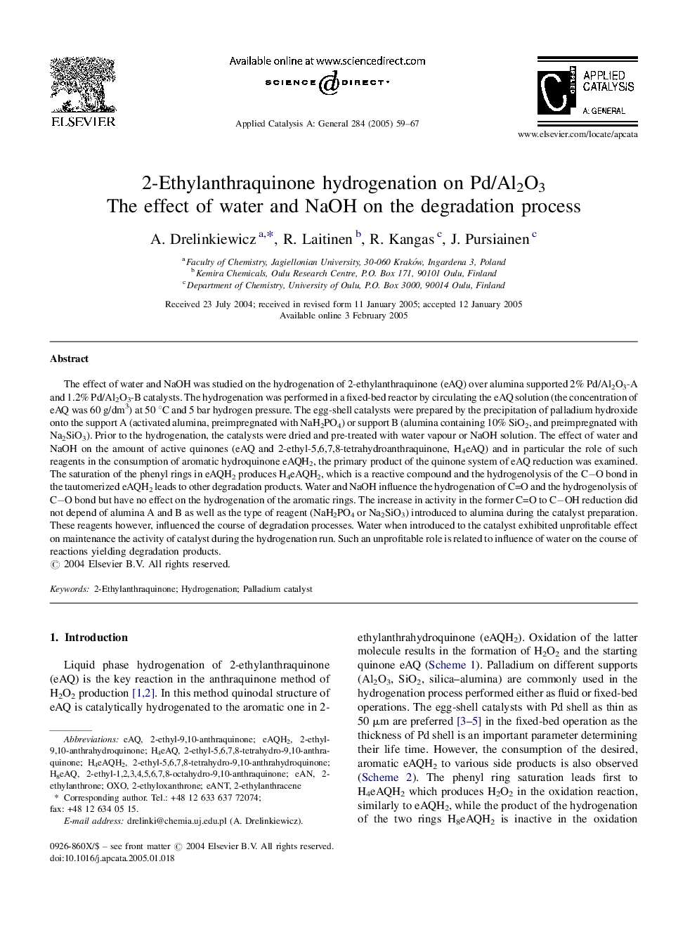 2-Ethylanthraquinone hydrogenation on Pd/Al2O3