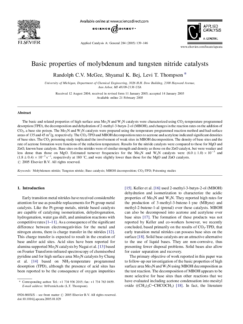 Basic properties of molybdenum and tungsten nitride catalysts