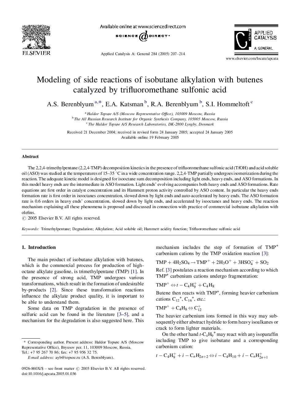 Modeling of side reactions of isobutane alkylation with butenes catalyzed by trifluoromethane sulfonic acid