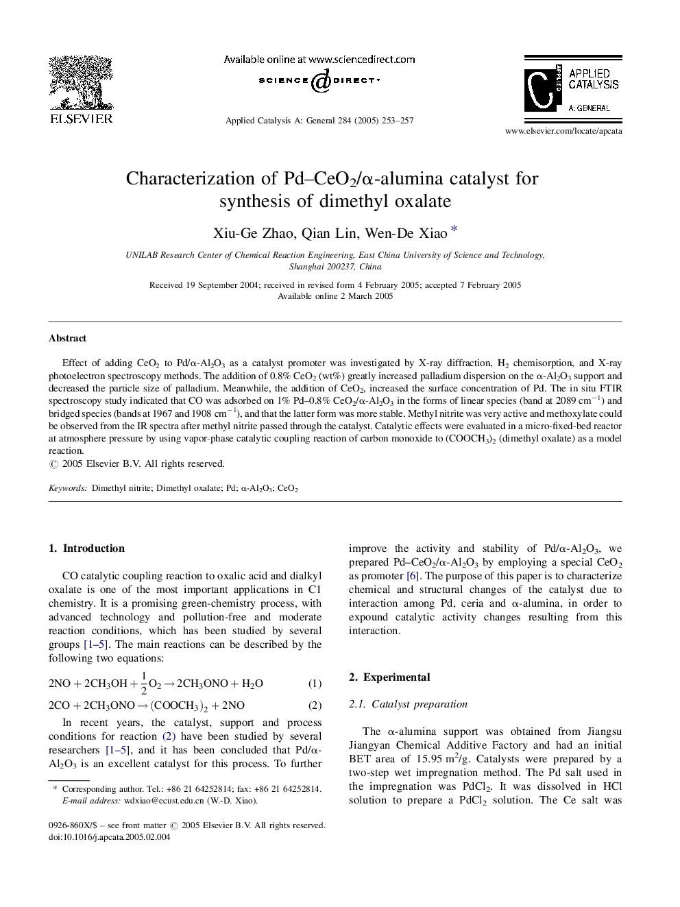 Characterization of Pd-CeO2/Î±-alumina catalyst for synthesis of dimethyl oxalate