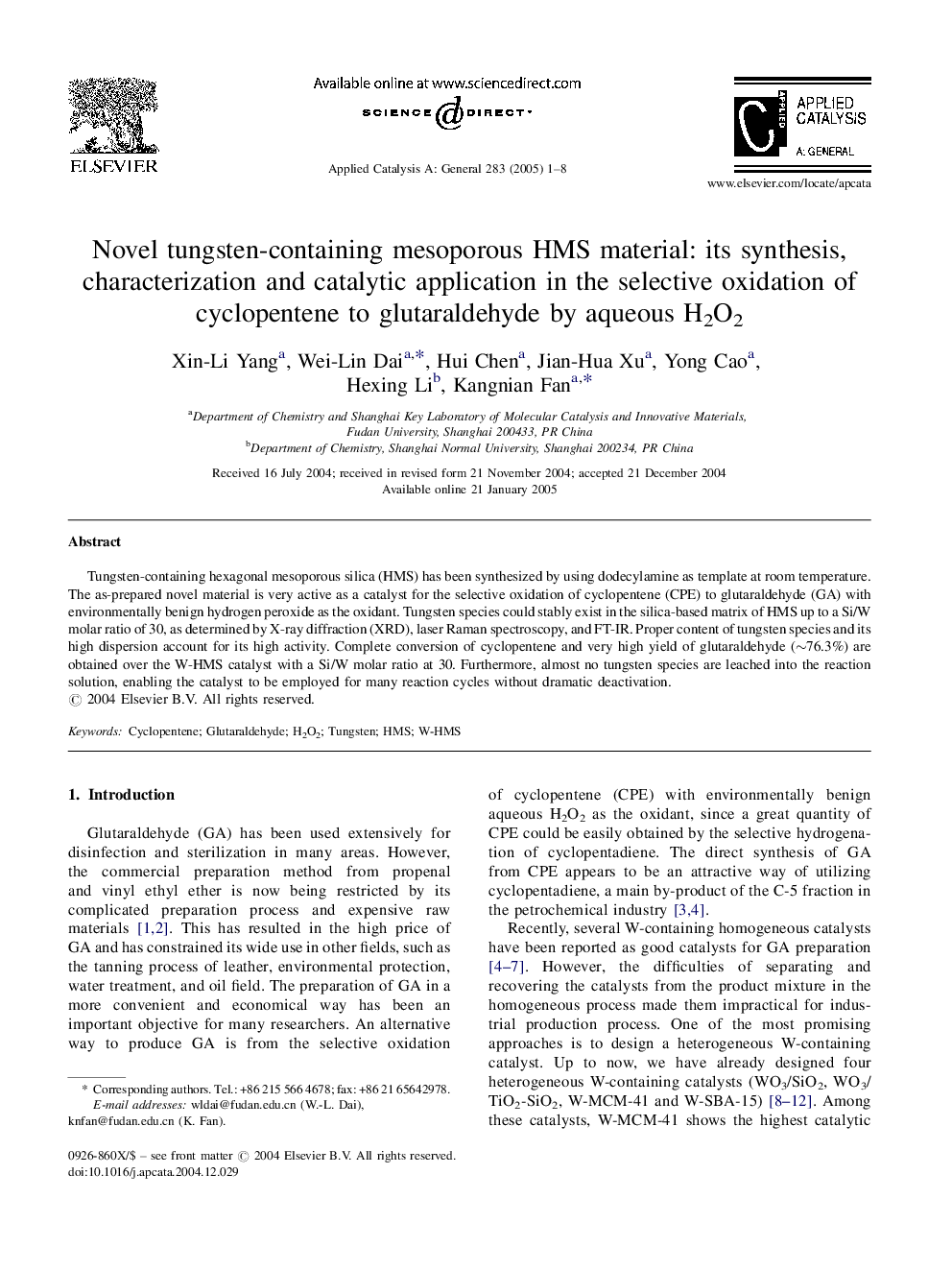 Novel tungsten-containing mesoporous HMS material: its synthesis, characterization and catalytic application in the selective oxidation of cyclopentene to glutaraldehyde by aqueous H2O2